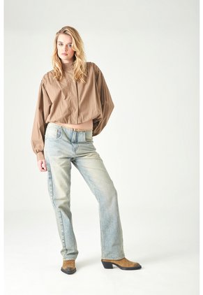Tennis Camisa Relaxed Fit Con Mangas Globo En Algodón Camel Para Mujer