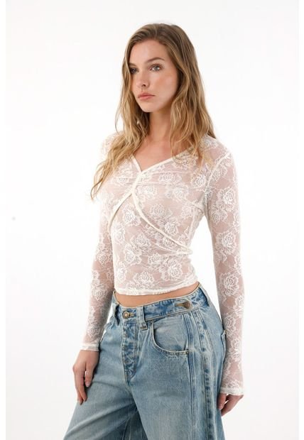 Camiseta En Encaje Manga Larga Crudo Para Mujer