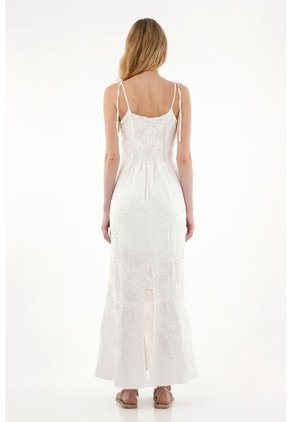 Vestido Largo De Tela Bordada Crudo Para Mujer