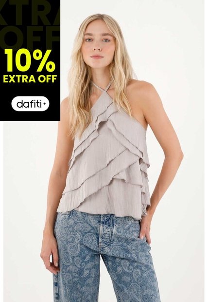 Tennis Camisa Con Boleros Y Detalles De Brillo Gris Para Mujer
