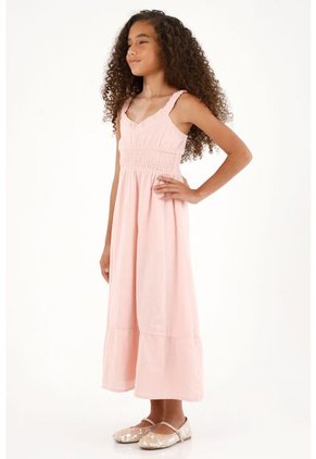 Vestido Rosado Largo Con Elástico En La Cintura Para Niña