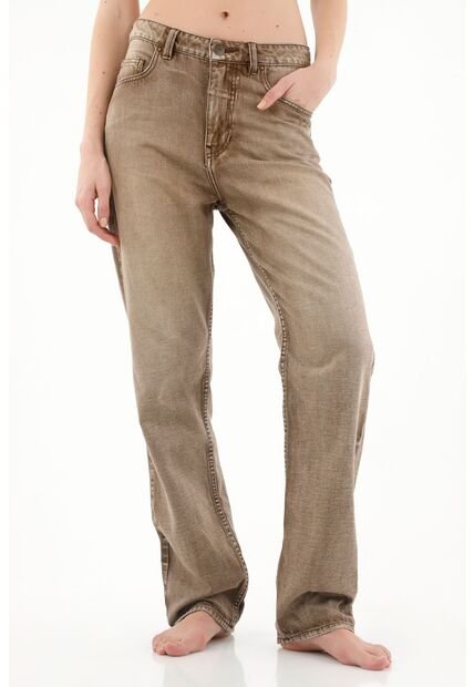 Jean Recto De Tiro Alto Café Para Mujer