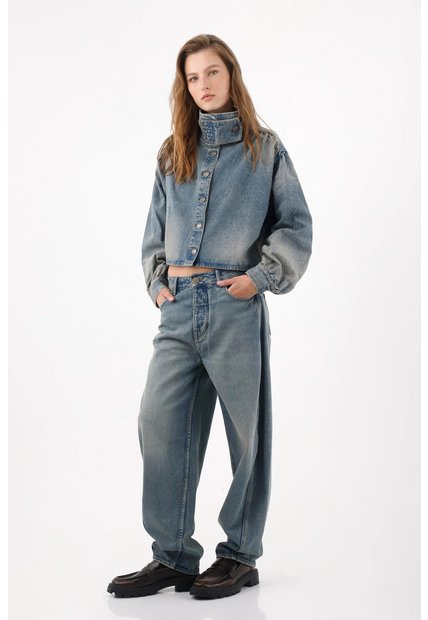 Tennis Chaqueta Boxy Corta Con Cuello Alto Abotonado En Denim Para Mujer