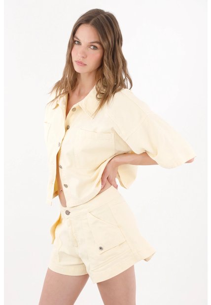Tennis Bermuda Amplia De Tiro Corto Con Bolsillos De Tapa En Algodón Amarillo Pastel Para Mujer