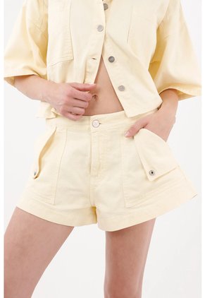 Tennis Bermuda Amplia De Tiro Corto Con Bolsillos De Tapa En Algodón Amarillo Pastel Para Mujer