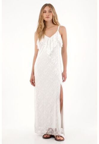 Tennis Vestido Largo En Encaje Con Escote En V Crudo Para Mujer Tennis