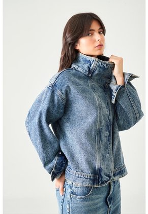 Tennis Chaqueta Fit Relajado Con Cuello Alto Asimétrico En Denim Para Mujer