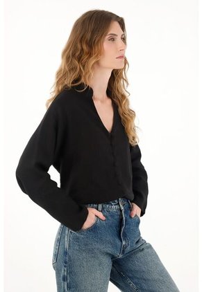 Tennis Camisa Negra Cuello Neru En 100% Lino Para Mujer