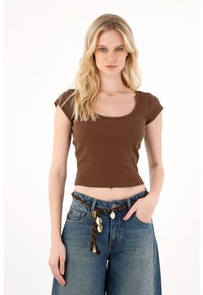 Tennis Camiseta En Rib Ajustada Café Para Mujer