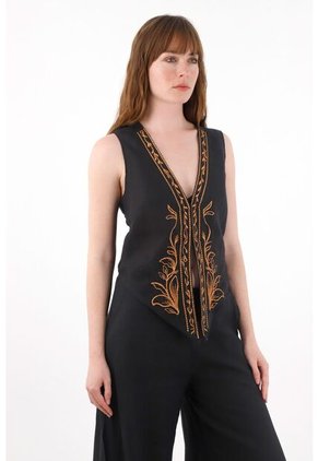 Tennis Chaleco En 100% Lino Con Bordados Para Mujer