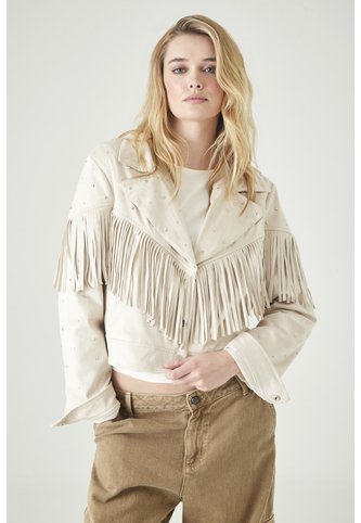Tennis Chaqueta Corta Con Flecos Y Mini Tachas En Beige Para Mujer Tennis