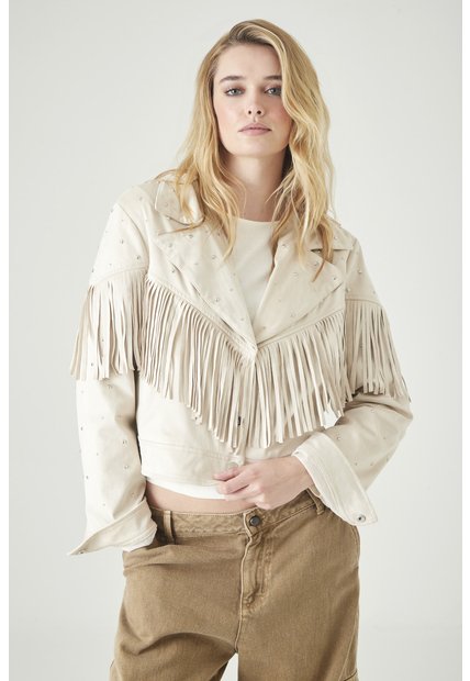 Tennis Chaqueta Corta Con Flecos Y Mini Tachas En Beige Para Mujer