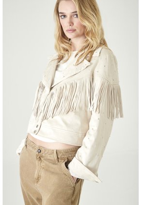 Tennis Chaqueta Corta Con Flecos Y Mini Tachas En Beige Para Mujer