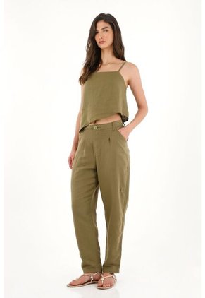 Pantalón Clásico Verde En 100% Lino Para Mujer