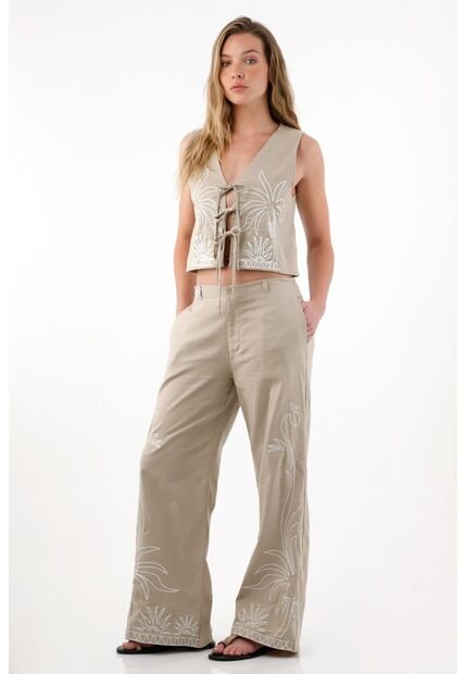 Pantalón Wide Leg Bordado Crudo Para Mujer