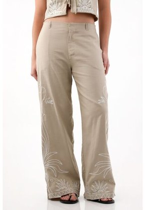 Pantalón Wide Leg Bordado Crudo Para Mujer