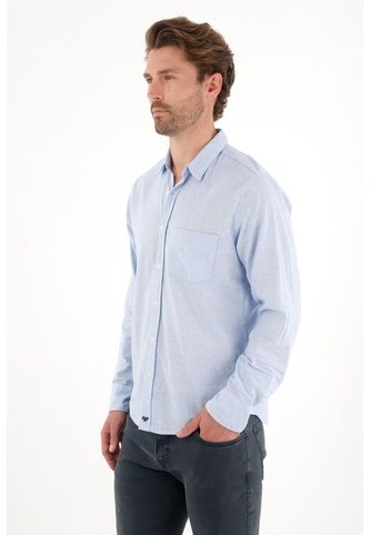 Tennis Camisa Manga Larga Preteñida Azul Con Textura Lisa Para Hombre Tennis