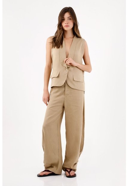 Tennis Chaleco Fit Relajado Con Solapa Amplia En Lino Beige Para Mujer