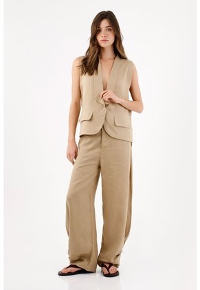 Tennis Chaleco Fit Relajado Con Solapa Amplia En Lino Beige Para Mujer