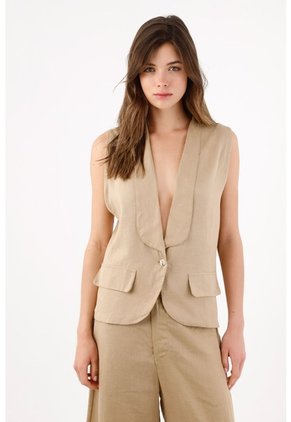 Tennis Chaleco Fit Relajado Con Solapa Amplia En Lino Beige Para Mujer