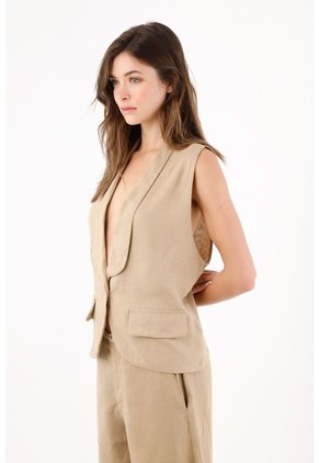 Tennis Chaleco Fit Relajado Con Solapa Amplia En Lino Beige Para Mujer