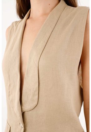 Tennis Chaleco Fit Relajado Con Solapa Amplia En Lino Beige Para Mujer