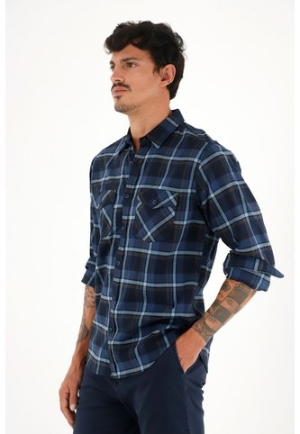 Tennis Camisa Leñadora Con Botones En Madera Azul De Ajuste Cómodo Para Hombre Tennis