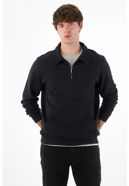 Buzo Tipo Polo Con Bolsillo Canguro Negro Para Hombre