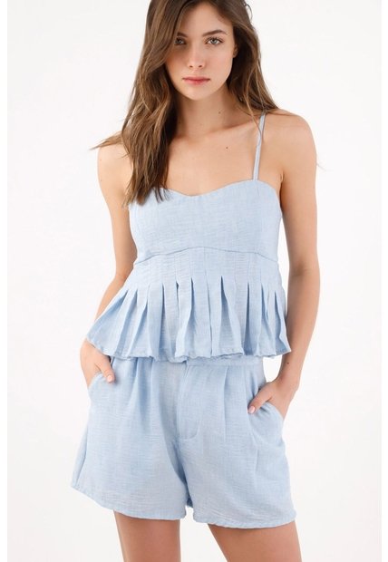 Tennis Camisa Corto Fit Relajado Con Doble Volante En Azul Cielo Para Mujer