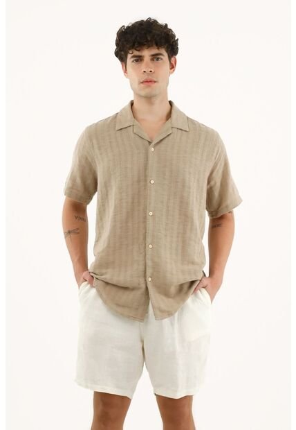 Camisa Café Tipo Bowling Manga Corta Para Hombre