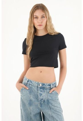 Tennis Camiseta Manga Corta De Largo Crop Negra Para Mujer