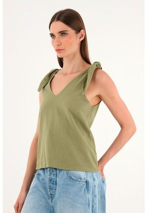 Camisa Verde De Escote En V Y Tiras Para Mujer