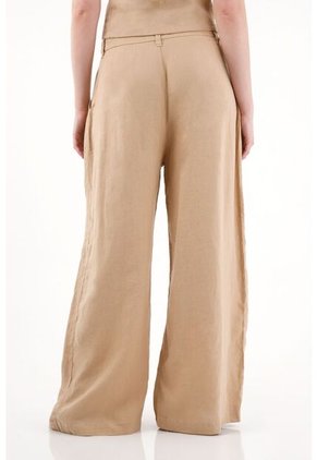 Tennis Pantalón Wide Leg En 100% Lino Con Tablas Crudo Para Mujer