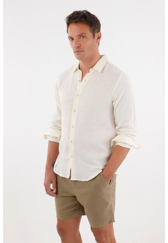 Tennis Camisa En 100% Lino Manga Larga Crudo Con Detalle Fruncido Para Hombre Tennis