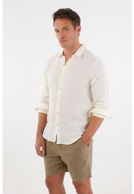 Tennis Camisa En 100% Lino Manga Larga Crudo Con Detalle Fruncido Para Hombre