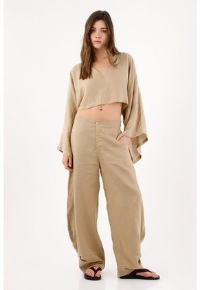Tennis Camisa Cropped Suelta Con Mangas Tipo Kimono En Lino Beige Para Mujer