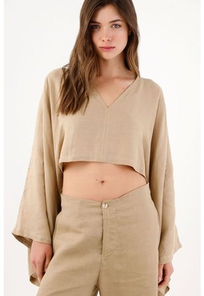 Tennis Camisa Cropped Suelta Con Mangas Tipo Kimono En Lino Beige Para Mujer