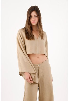 Tennis Camisa Cropped Suelta Con Mangas Tipo Kimono En Lino Beige Para Mujer