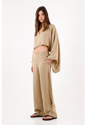 Tennis Camisa Cropped Suelta Con Mangas Tipo Kimono En Lino Beige Para Mujer