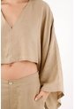 Tennis Camisa Cropped Suelta Con Mangas Tipo Kimono En Lino Beige Para Mujer de Tennis