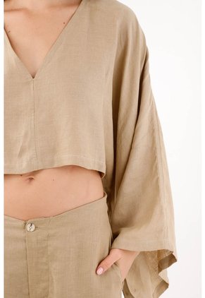 Tennis Camisa Cropped Suelta Con Mangas Tipo Kimono En Lino Beige Para Mujer