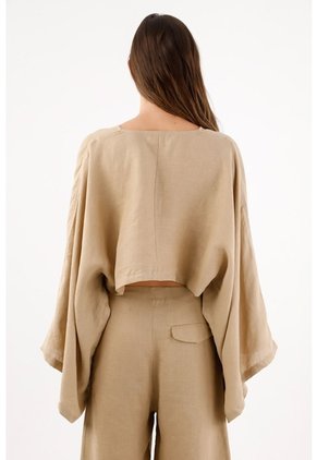 Tennis Camisa Cropped Suelta Con Mangas Tipo Kimono En Lino Beige Para Mujer