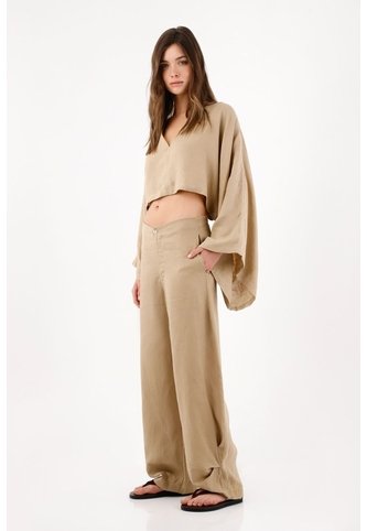 Tennis Pantalón Pierna Ancha Con Caída Fluida En Lino Beige Para Mujer Tennis