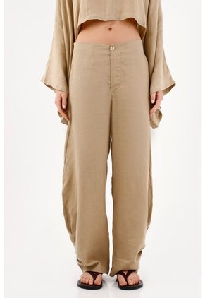 Tennis Pantalón Pierna Ancha Con Caída Fluida En Lino Beige Para Mujer