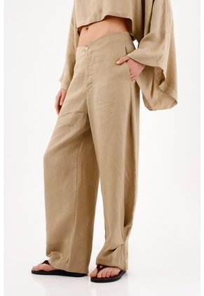 Tennis Pantalón Pierna Ancha Con Caída Fluida En Lino Beige Para Mujer