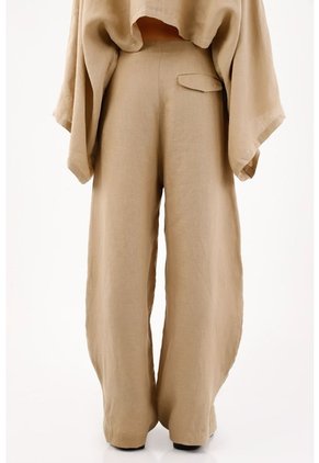 Tennis Pantalón Pierna Ancha Con Caída Fluida En Lino Beige Para Mujer