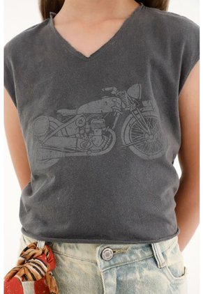 Camiseta Gris Con Estampado De Moto Para Niña