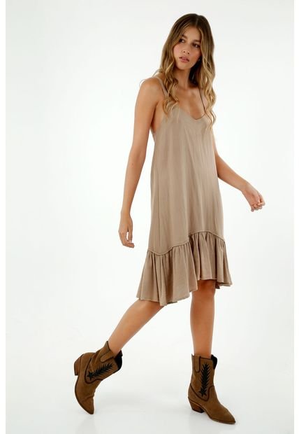 Vestido De Mujer, Diseño Midi Con Cuello En V De Tiras, Con Boleros Color Café