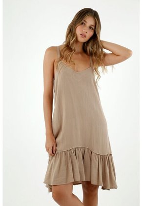 Vestido De Mujer, Diseño Midi Con Cuello En V De Tiras, Con Boleros Color Café