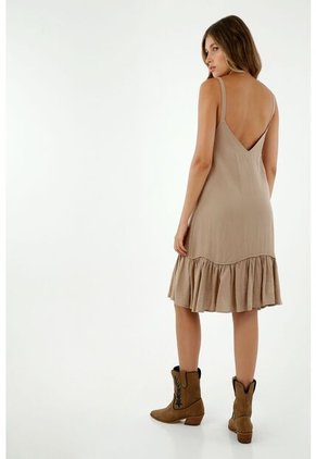 Vestido De Mujer, Diseño Midi Con Cuello En V De Tiras, Con Boleros Color Café